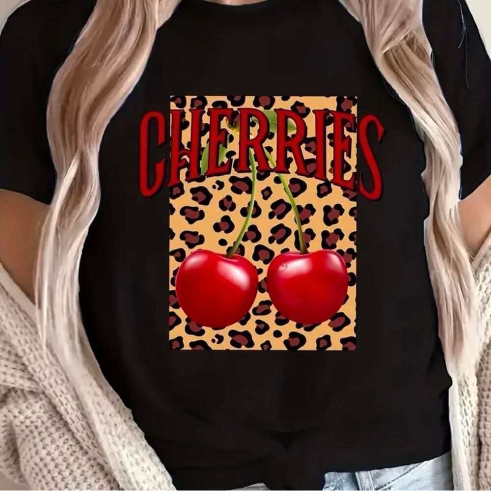 Black Leopard and Cherry Print T Shirt